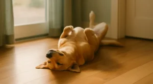 Dog resting calmly at home after healing separation anxiety through animal communication